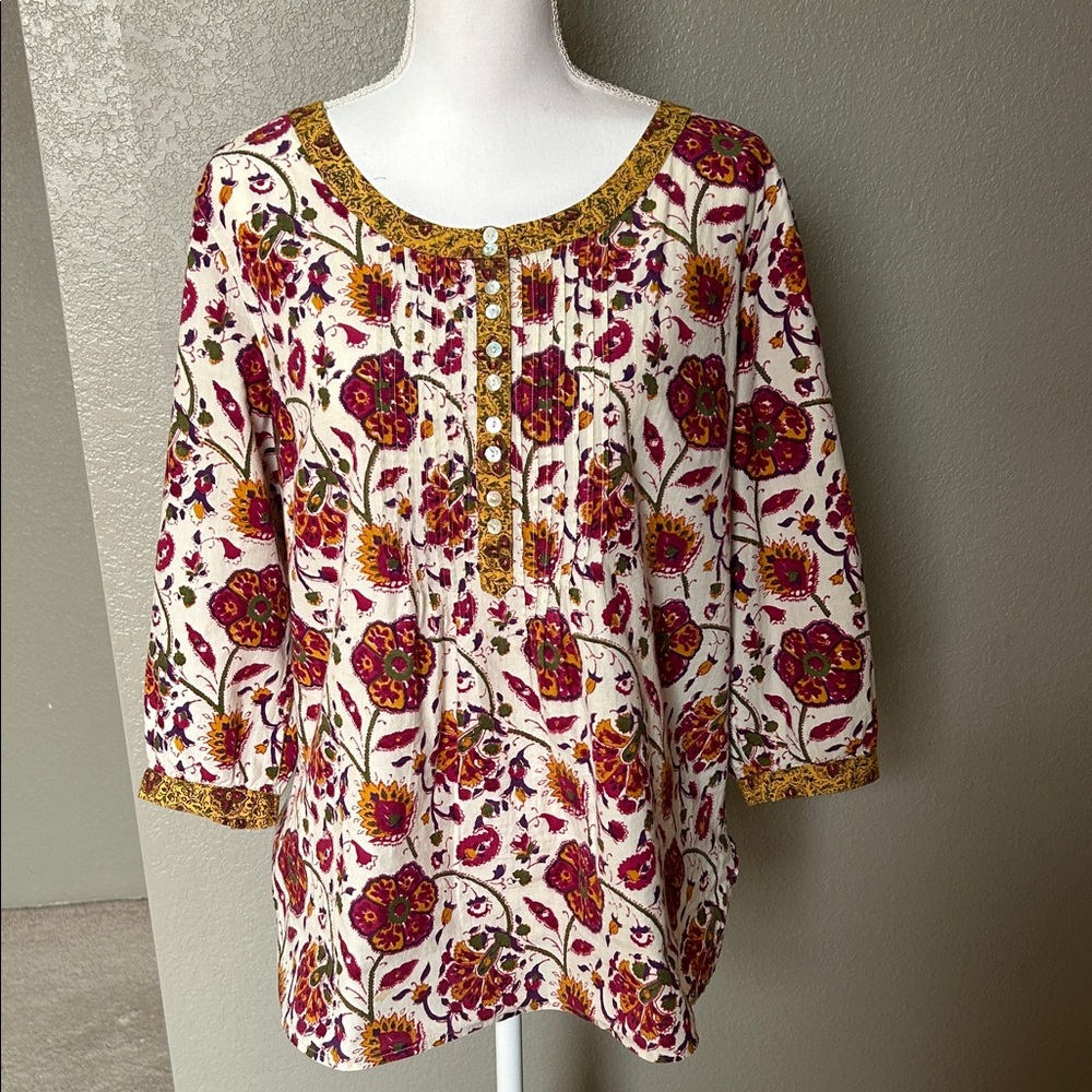 Charter Club Cream, Gold and Fuscia Red Floral Tunic